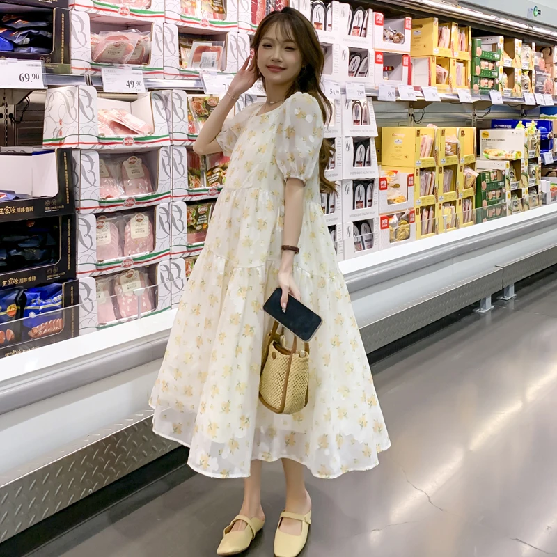孕妇夏装连衣裙新款韩版法式时尚减龄雪纺碎花裙子宽松长款仙女裙