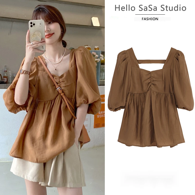 孕妇装夏装复古泡泡袖娃娃衫上衣阔腿短裤夏季高级感孕期辣妈穿搭