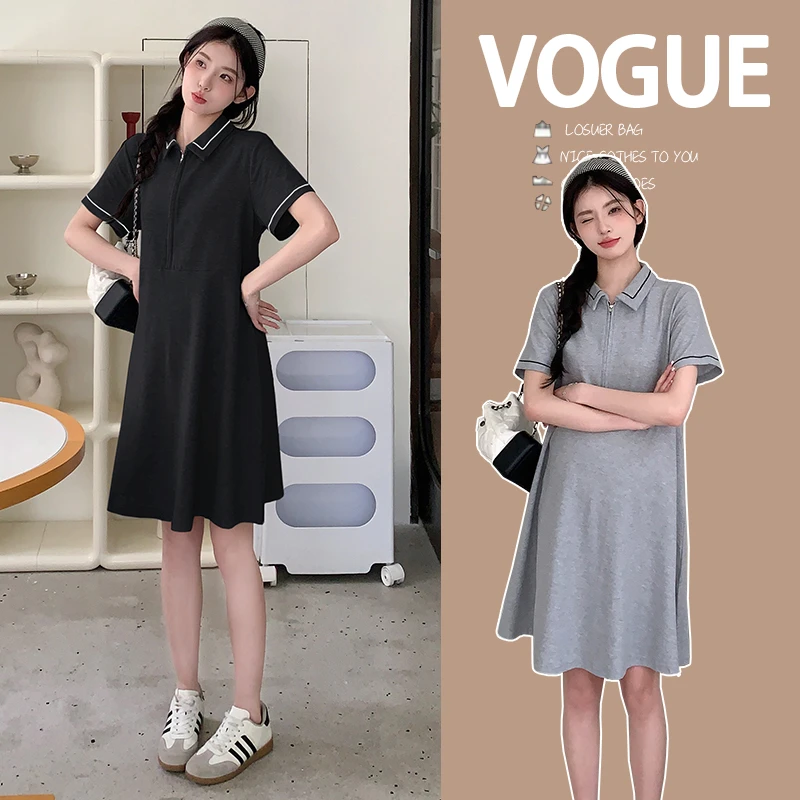 孕妇装夏款2024新款连衣裙高级感大码宽松POLO领小个子短袖孕妇裙