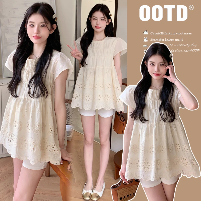 孕妇夏新款甜美时尚显瘦套装宽松绣花孕妇装上衣+托腹短裤两件套