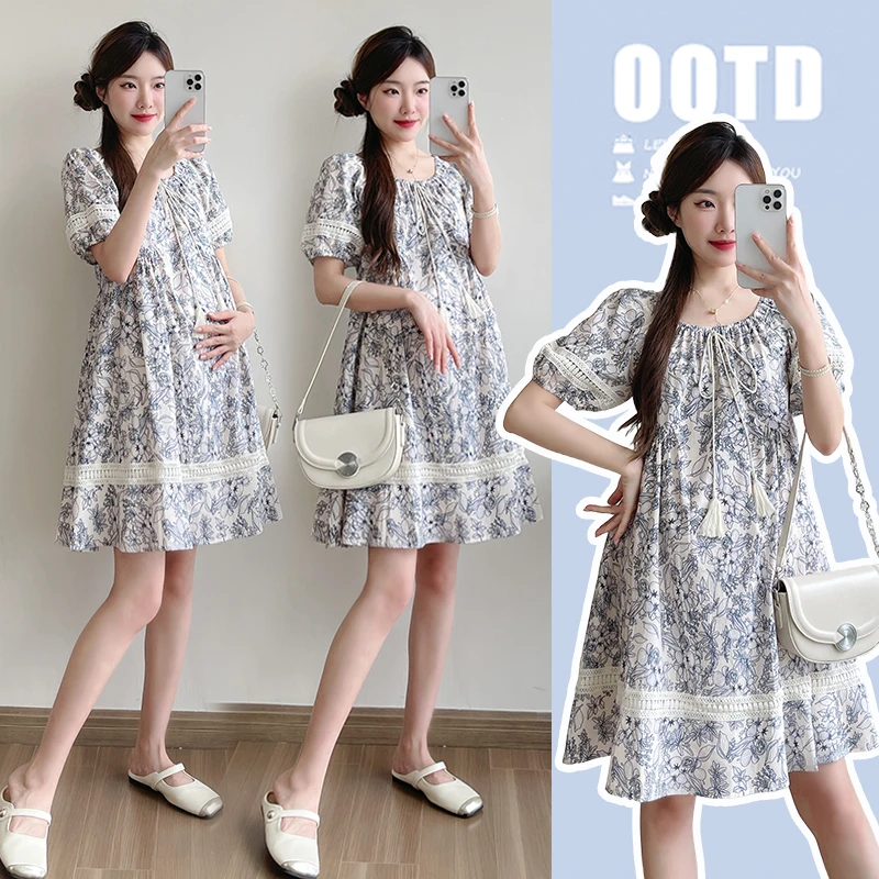 孕妇装夏装款连衣裙大码休闲短袖碎花夏天裙子2025夏款小个子上衣