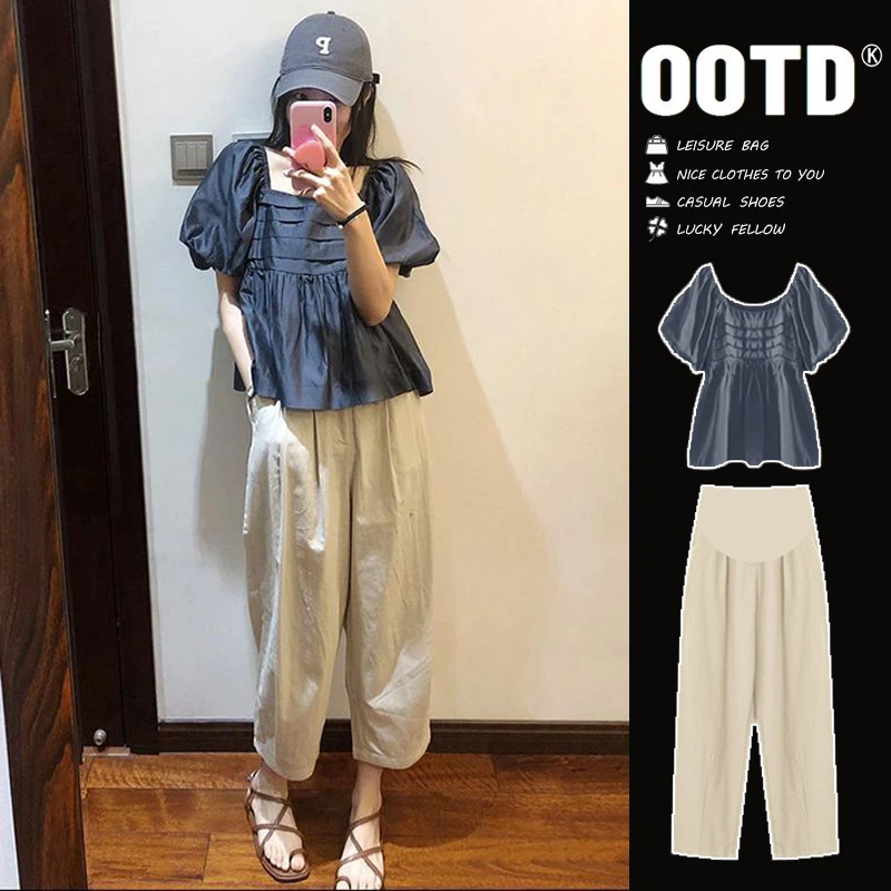 辣妈孕妇装夏装套装新款夏款显瘦盐系高级感夏季上衣阔腿裤两件套