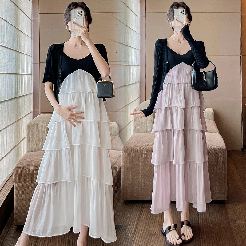 孕妇夏装连衣裙时尚V领荷叶边吊带蛋糕裙套装夏天淑女风减龄长裙