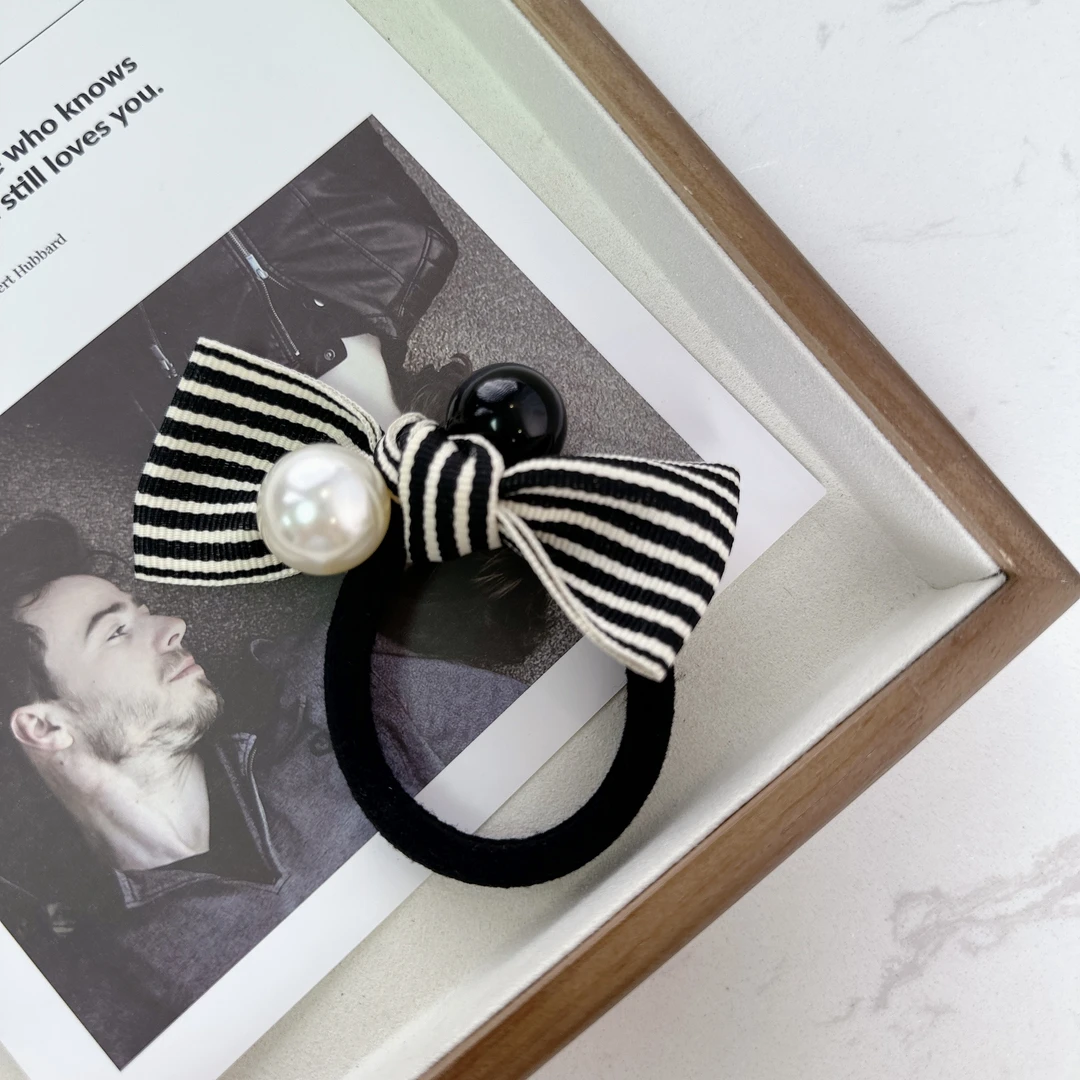 韩国东大门复古条纹小香风蝴蝶结珍珠发绳发圈无痕高弹力马尾绳