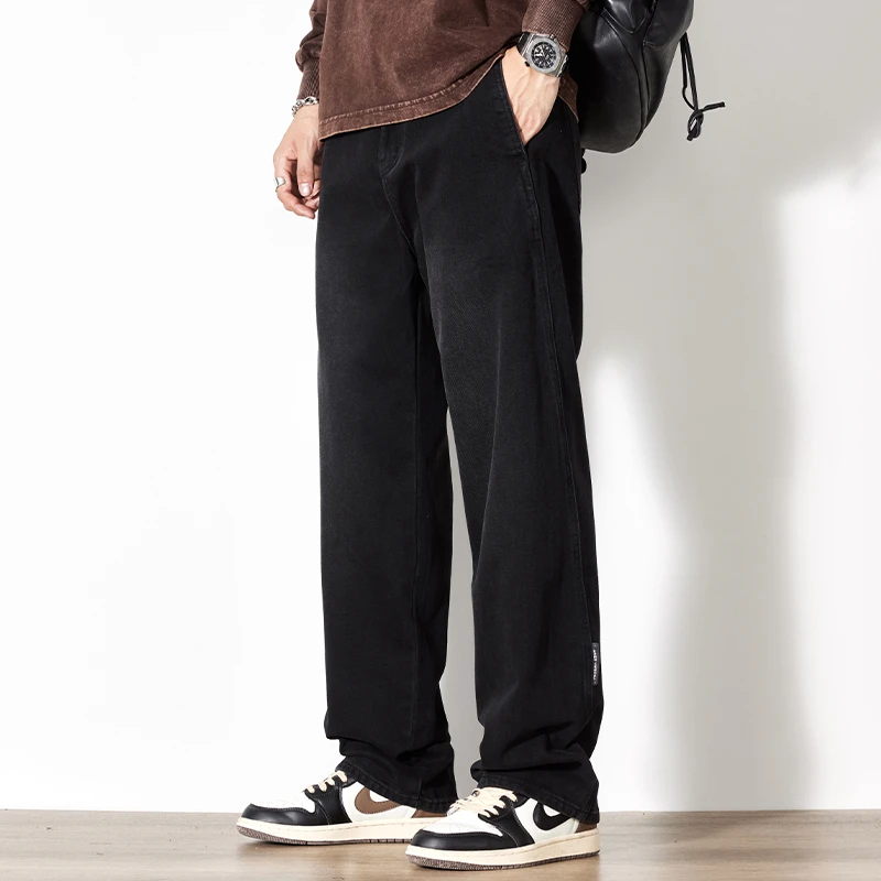 Kuvine秋冬百搭绣标宽松加绒直筒牛仔裤男款春秋绣花垂感长裤子男