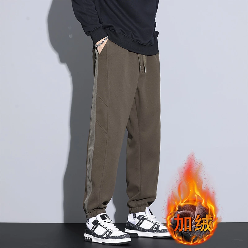 Kuvine冬季加绒款宽松户外运动裤子男拼接九分束脚百搭休闲裤男士