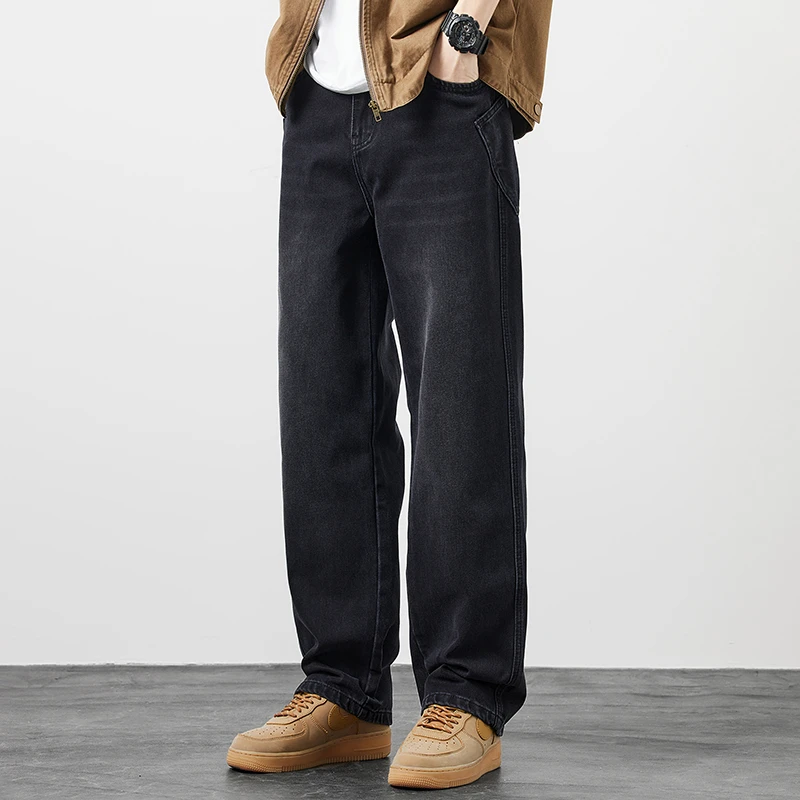 Kuvine2025秋季美式高街宽松直筒男士牛仔裤黑色潮牌时尚休闲裤男