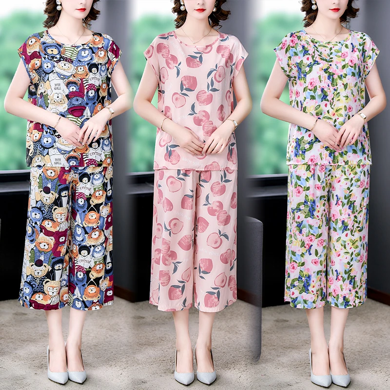 特价外贸高档棉绸睡衣女士外穿时尚妈妈夏装绵绸阔腿裤套装家居服