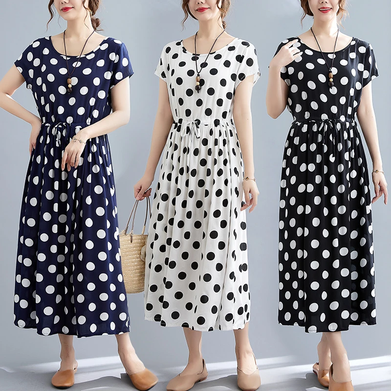 外贸专供夏季妈妈棉绸连衣裙韩版宽松波点睡裙外穿中长款大摆裙子