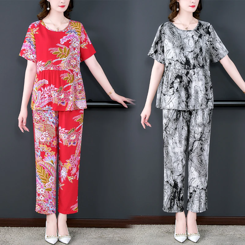 国风红色棉绸套装女夏季时尚睡衣休闲绵绸妈妈遮肚上衣家居服外穿