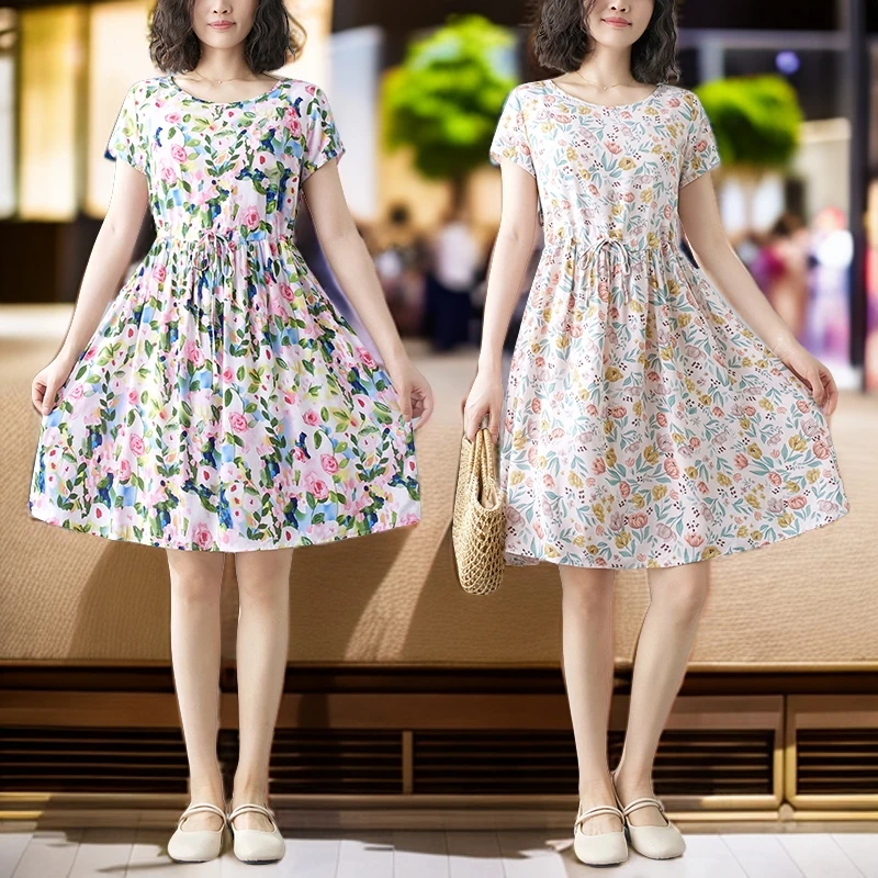 特价外贸棉绸连衣裙外穿气质矮小个子显高收腰短裙碎花沙滩裙子女