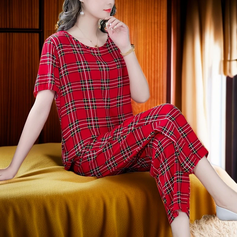 特价外贸高档妈妈夏装套装女夏天时尚年轻人造棉绸睡衣家居服外穿