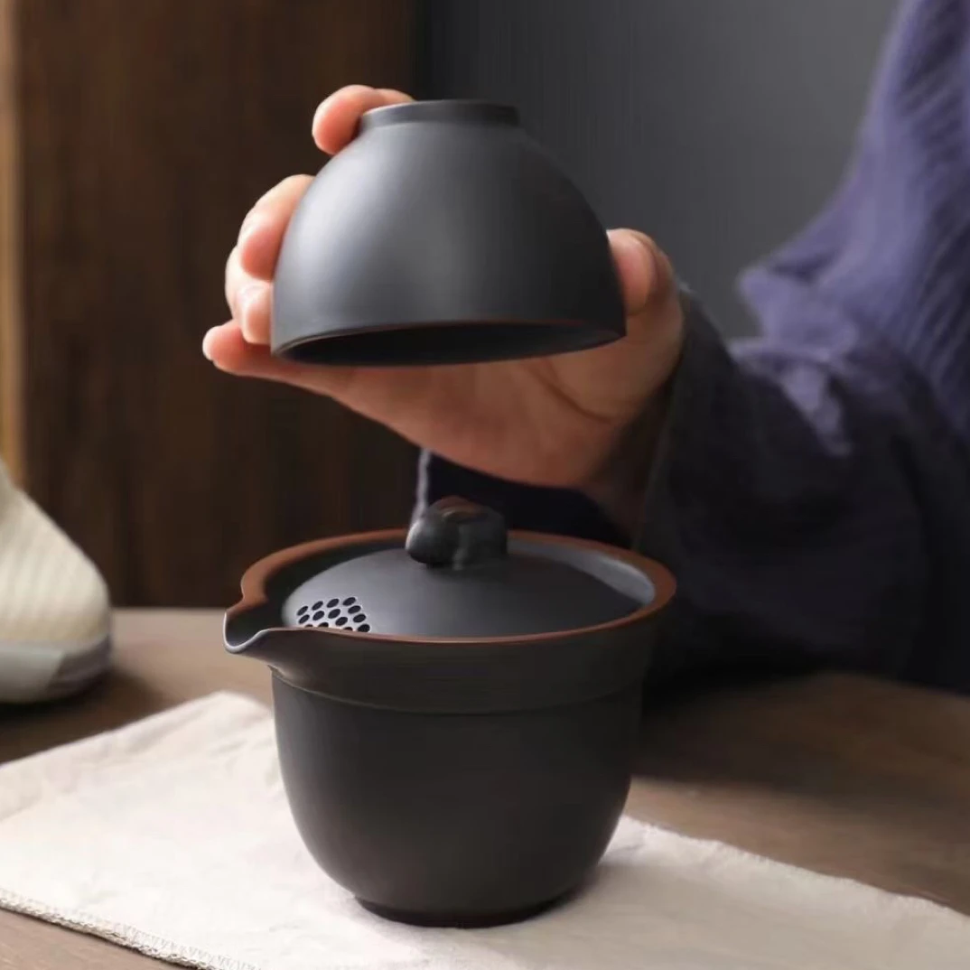 手工快客杯茶具茶杯复古套装防烫手抓壶黑色简约中式茶道方便携带