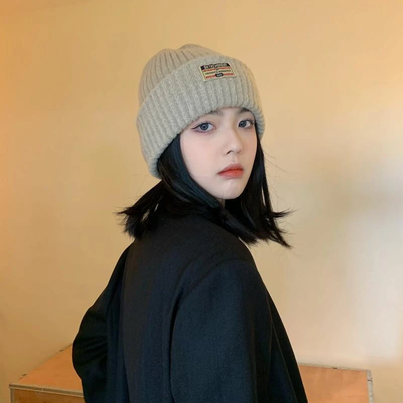 秋冬季帽子女美式风格贴布毛线帽韩版百搭情侣保暖针织帽护耳冷帽