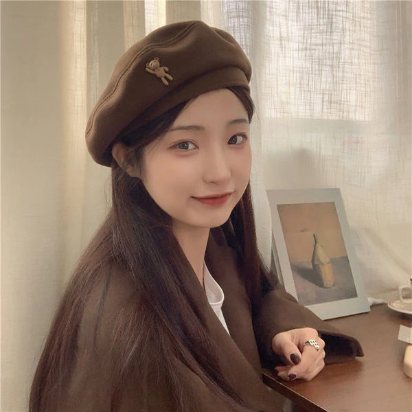 你的熊~日系复古卡通棕色毛呢贝雷帽女秋冬时髦气质画家帽女百搭