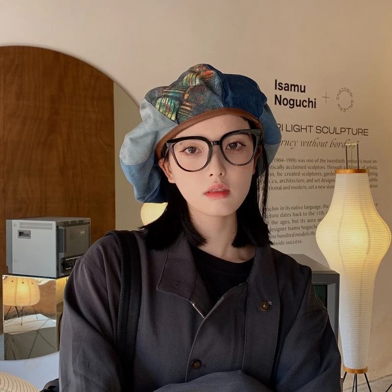 日系拼色牛仔贝雷帽子女夏季百搭大头围云朵帽秋冬画家帽复古