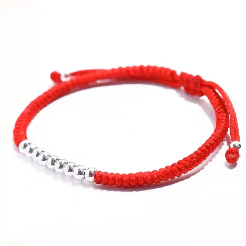 足银手链 A8227【十全十美红绳手链】足银990红色情侣编织百搭素款