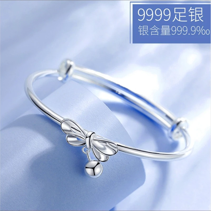 足银手镯 A1009【蝴蝶结圆珠推拉手镯】约24克足银9999清新实心金店