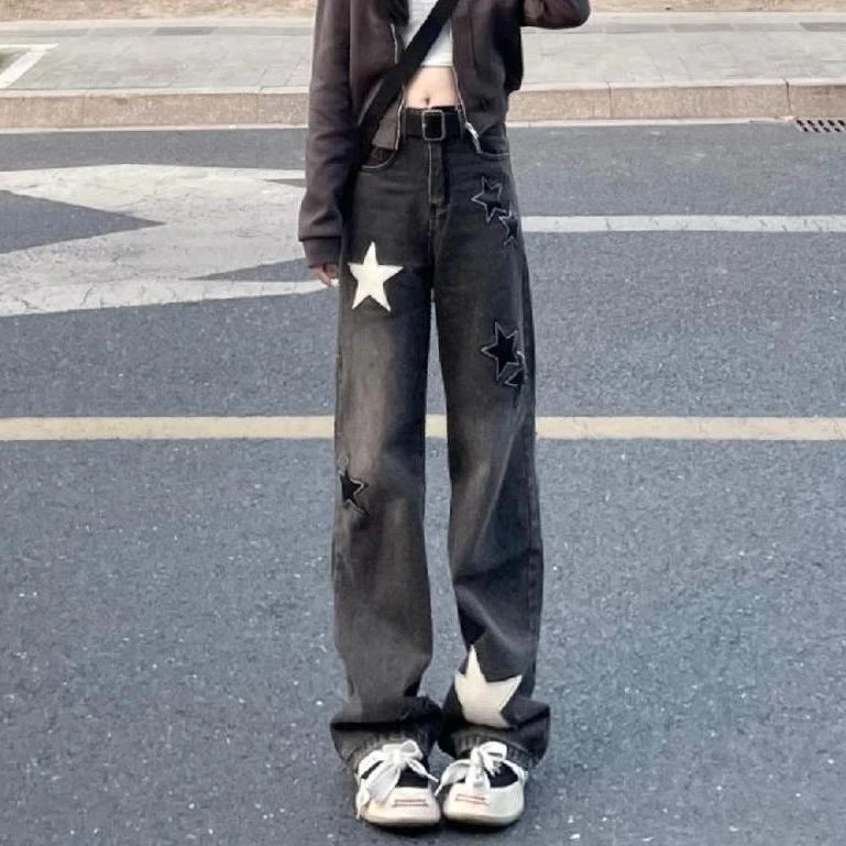美式高街星星印花直筒牛仔裤女春夏韩版新款宽松显瘦阔腿老爹裤潮