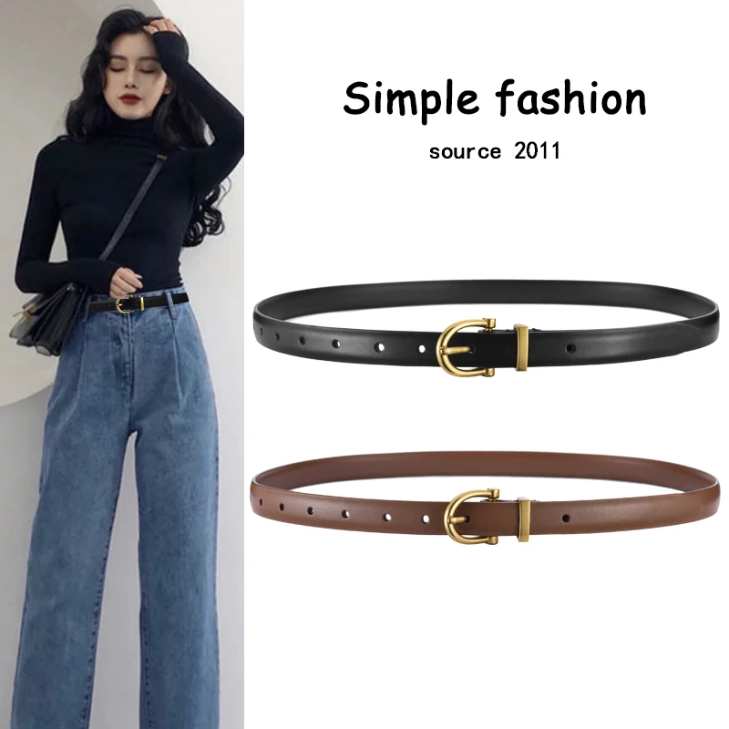 真皮女士腰带配裙子简约百搭牛皮装饰牛仔裤针扣皮带黑色复古潮流