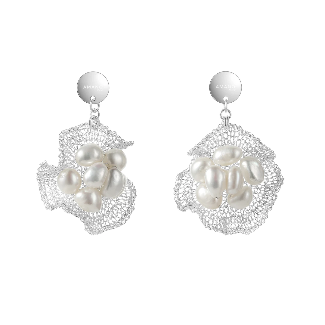 925银耳饰 AMANOWang独立设计师品牌手工编织山茶花气质耳环