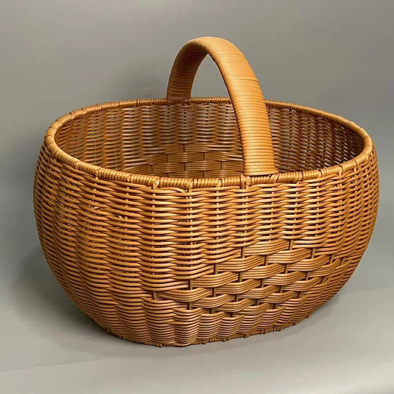 H64短柄花纹手提篮纯手工买菜购物仿藤40x29x20可水洗复古家用篮