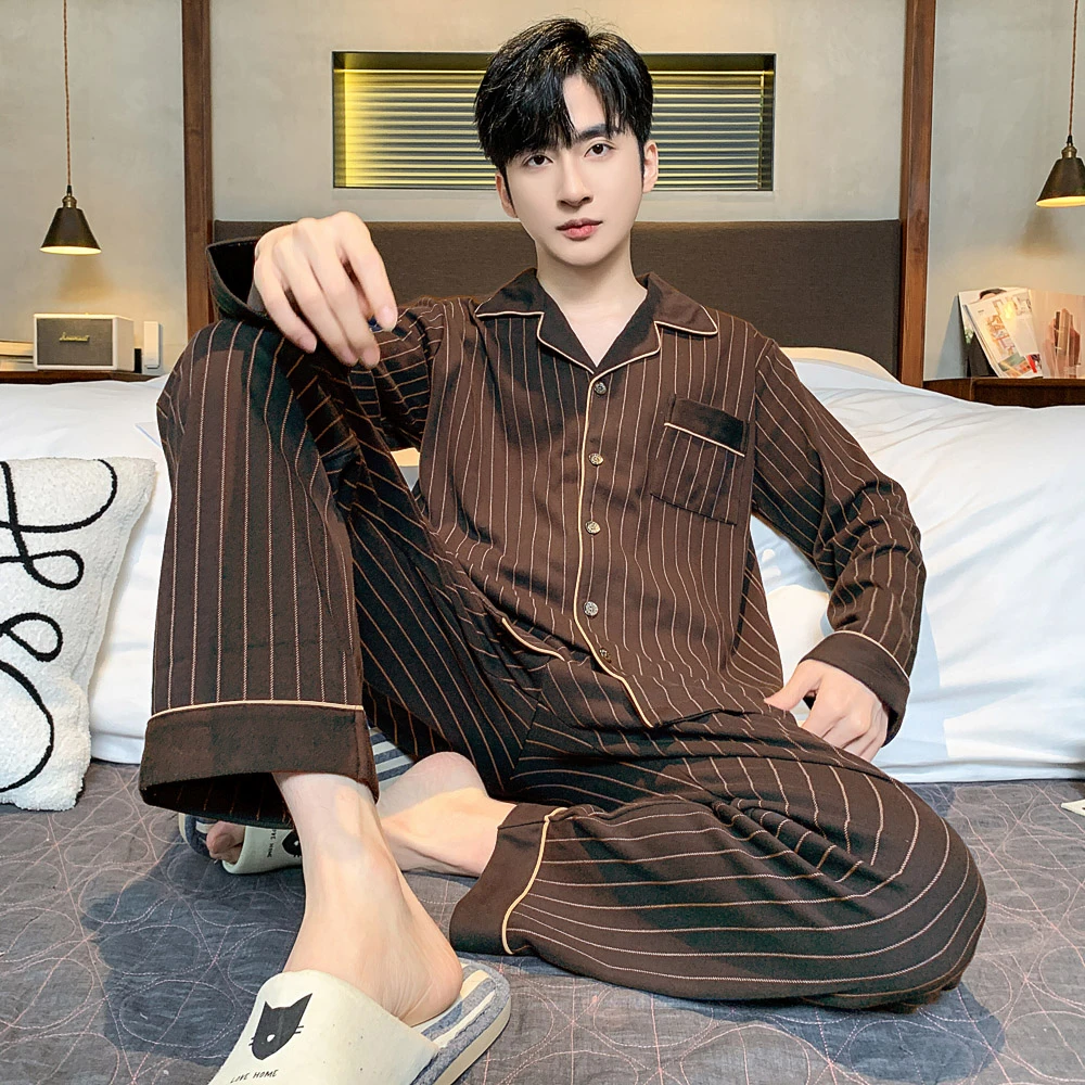 双面加厚纯棉睡衣男秋款长袖长裤高级感春秋季全棉大码家居服套装