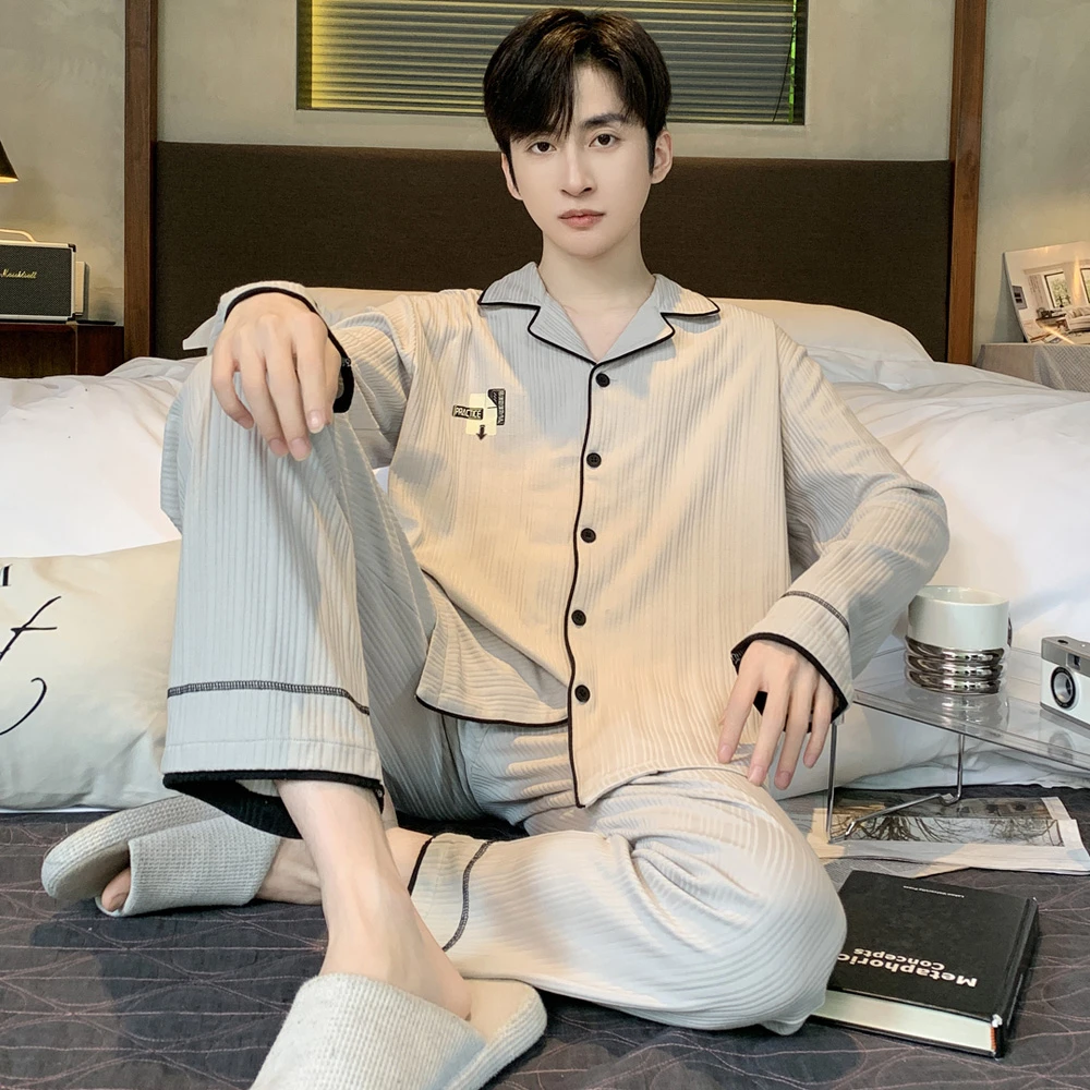 双面纯棉睡衣男春秋款长袖长裤秋季高级感条纹全棉男款家居服套装