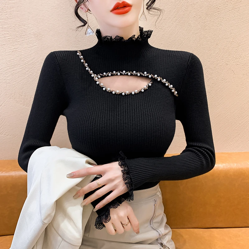 纯欲风钉钻镂空蕾丝拼接针织衫女秋冬季2025新款气质高领打底毛衣