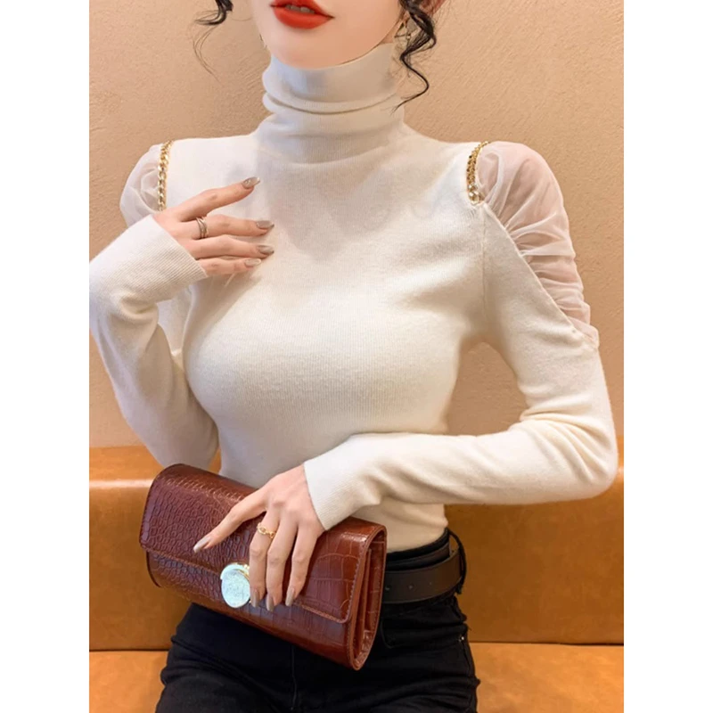 法式气质小香风网纱拼接针织衫女秋冬洋气露肩高领打底衫内搭上衣