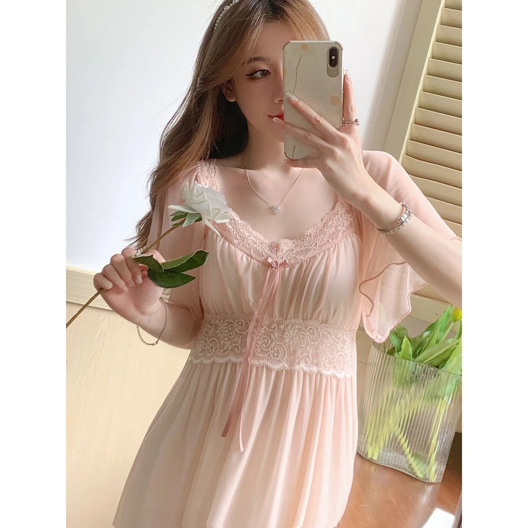 很仙的女神带胸垫睡裙女夏季性感纯欲风短袖睡衣网红风蕾丝家居服