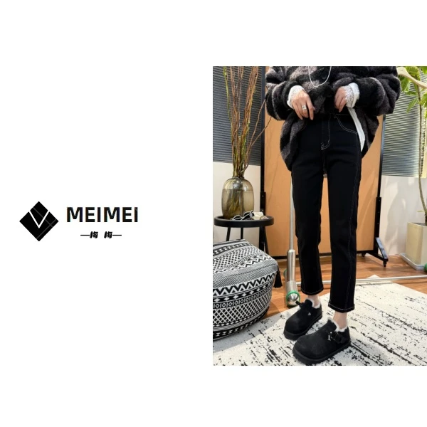 XMM【植绒黑金牛仔烟管裤】显瘦休闲时尚黑色加绒修身秋冬ZR22173-1