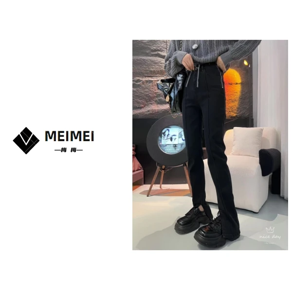 XMM.欧货早秋款高腰弹力开衩显瘦时尚腰部拉链牛仔马蹄裤-21361-1