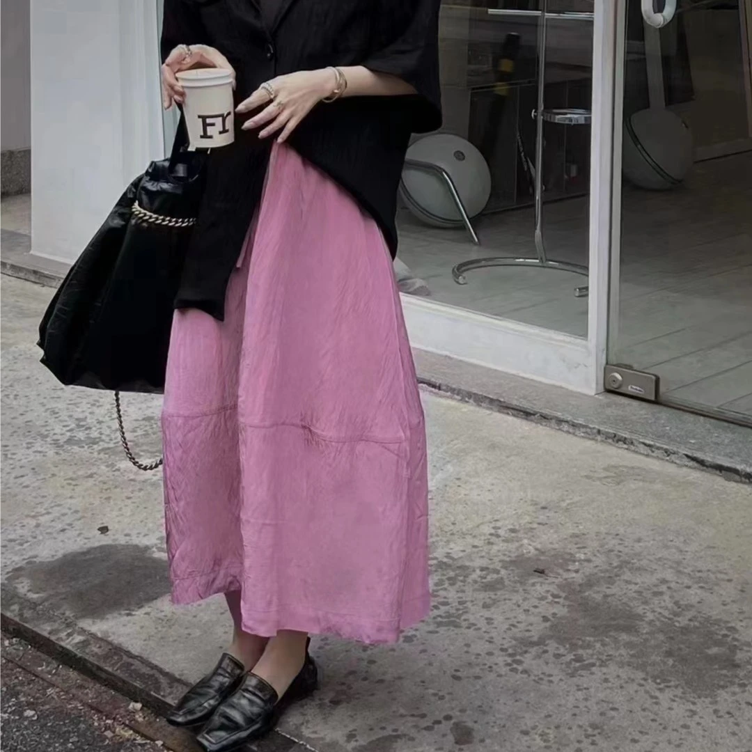 欧货夏季新款高腰宽松松紧腰显瘦粉色a字半身裙百搭中长裙-23790