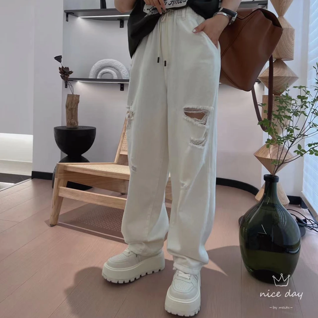 欧货夏季新款高腰宽松显瘦设计感抽绳白色破洞牛仔弯刀裤-71775