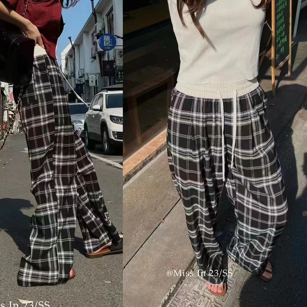 欧货夏季新款松紧腰撞色格子宽松抽绳格子裤拖地裤-8763-男女同款