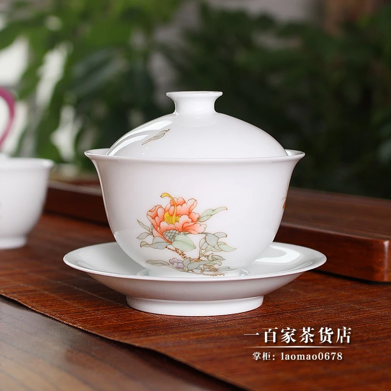 自慢堂瓷器复古手工茶具釉中彩云月三才盖碗手绘茶花图案茶杯