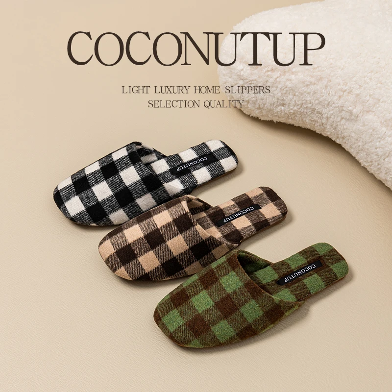 椰上格子棉拖鞋女款秋冬季新款居家防滑静音牛筋底拖鞋保暖棉鞋男