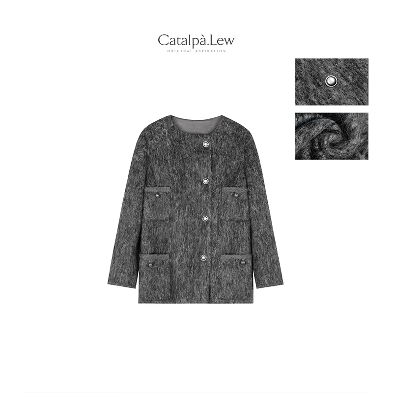 CatalpaLew「西山浮灯」侘寂穿搭侘寂小香风马海毛毛呢外套 #C8882