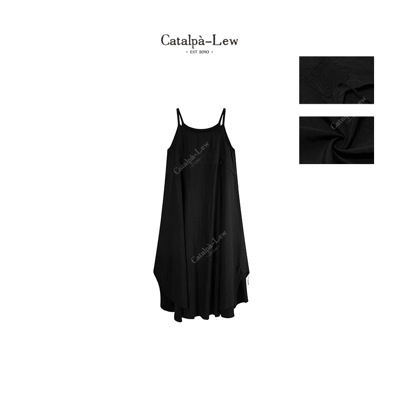 CatalpaLew「柳月斜」侘寂风精标线迹骑士斜天丝宽松连衣裙 #C7179