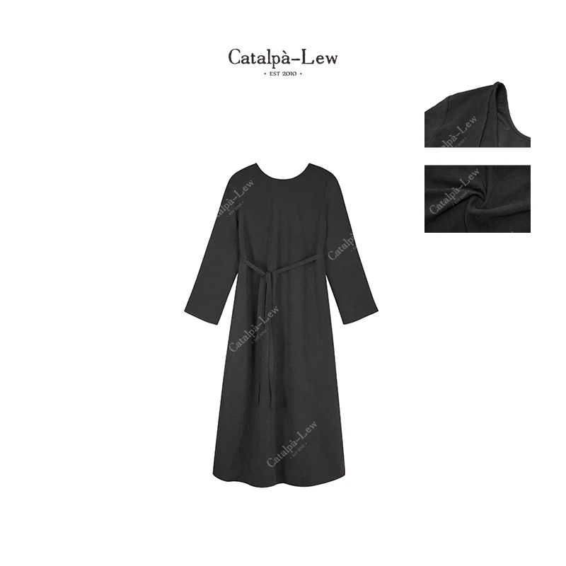 CatalpaLew「白翁沥茶」侘寂风V领桃绒T恤式连衣裙#C50201