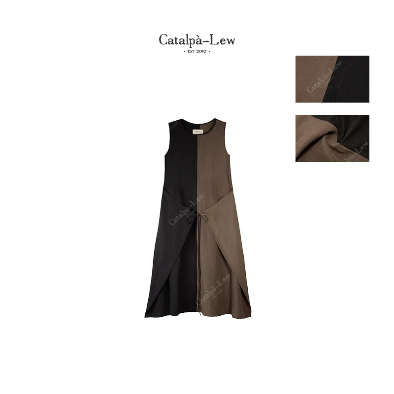 CatalpaLew「相见欢」侘寂风精标线迹棉麻肌理感撞色连衣裙#C7614