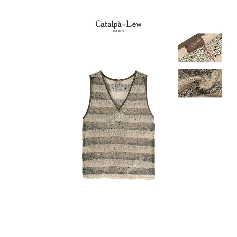 CatalpaLew24限量「晌午」侘寂风精标手工线迹纱织条纹背心 #C7317