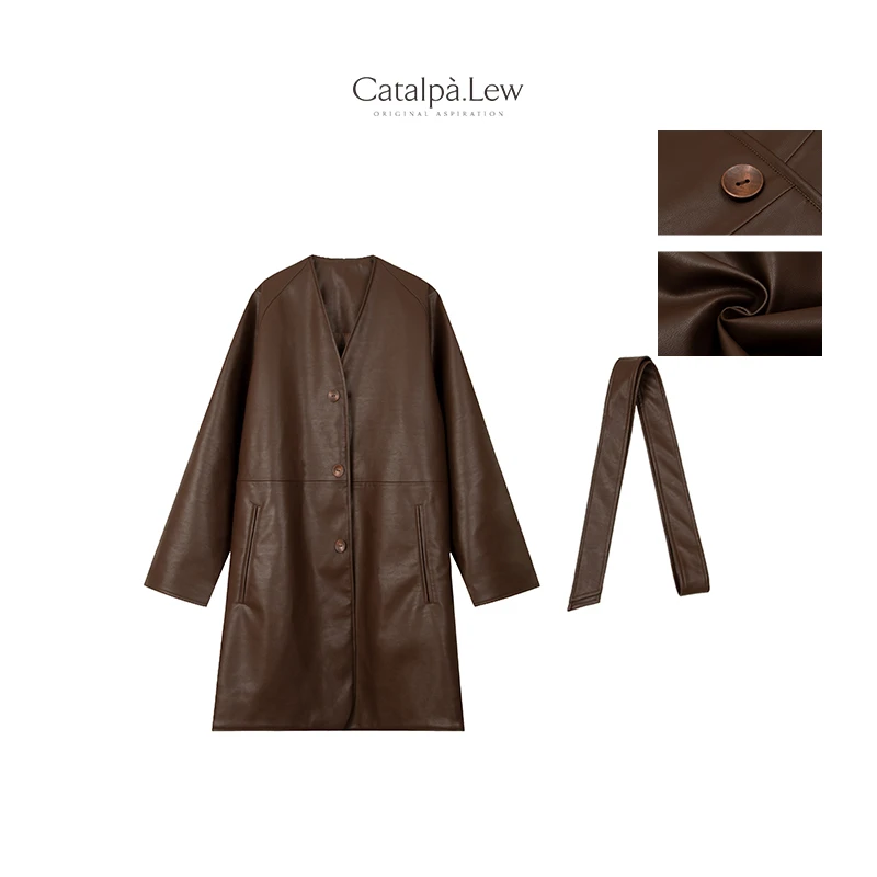 CatalpaLew「橘络」腔调穿搭100%纳帕皮&桑蚕丝中长款皮衣 #C8832