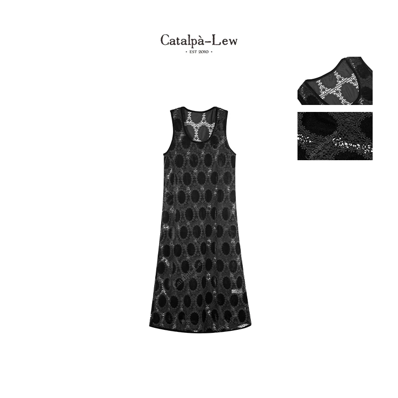 CatalpaLew「和鸣」侘寂风黑色系植绒水解蕾丝背心连衣裙 #C7331