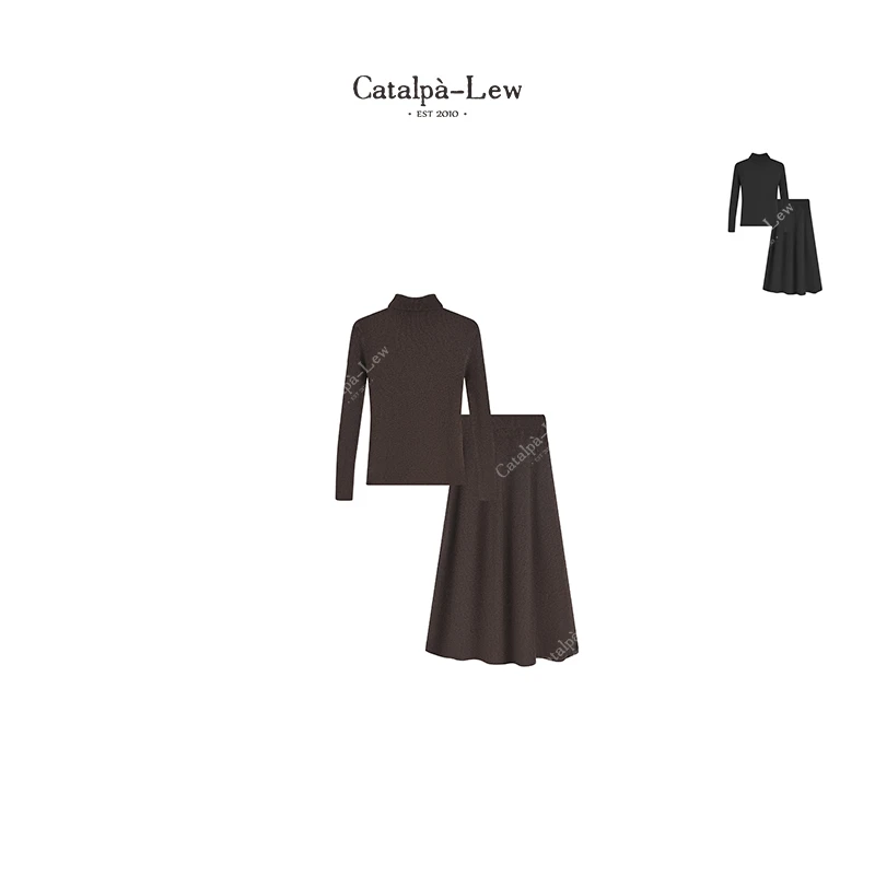 CatalpaLew「懒人套」东方静奢高领坑条毛织衫半身裙#C51302