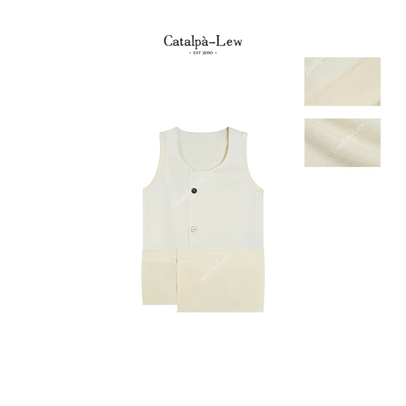 CatalpaLew「椿龄」侘寂风撞色拼接细节装饰扣羊毛女装马甲 #C7168