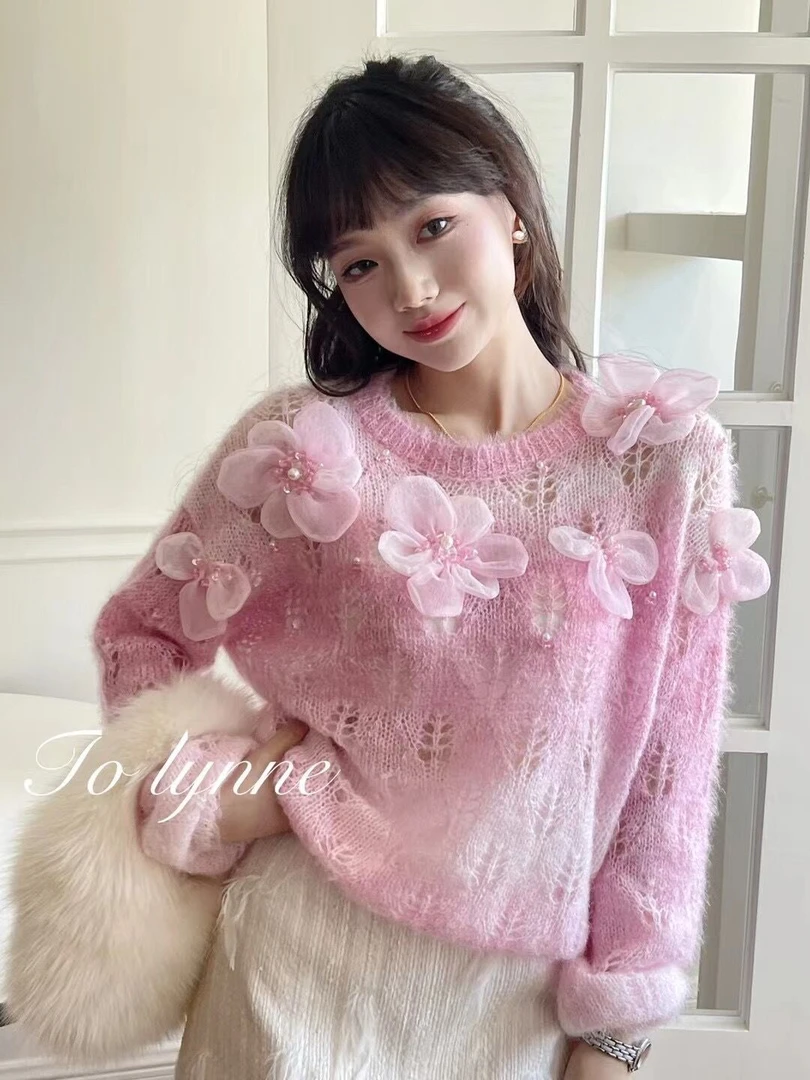 法式甜美重工钉珠花朵毛针织衫女2025年秋装新款宽松勾花镂空毛衣