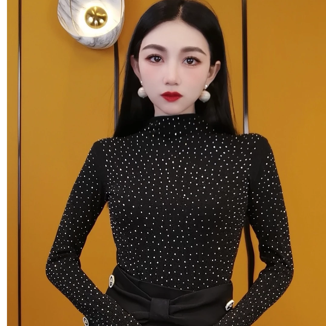 【羽曼】早秋新款重工镶钻高货百搭显瘦气质时尚洋气半高领长袖998