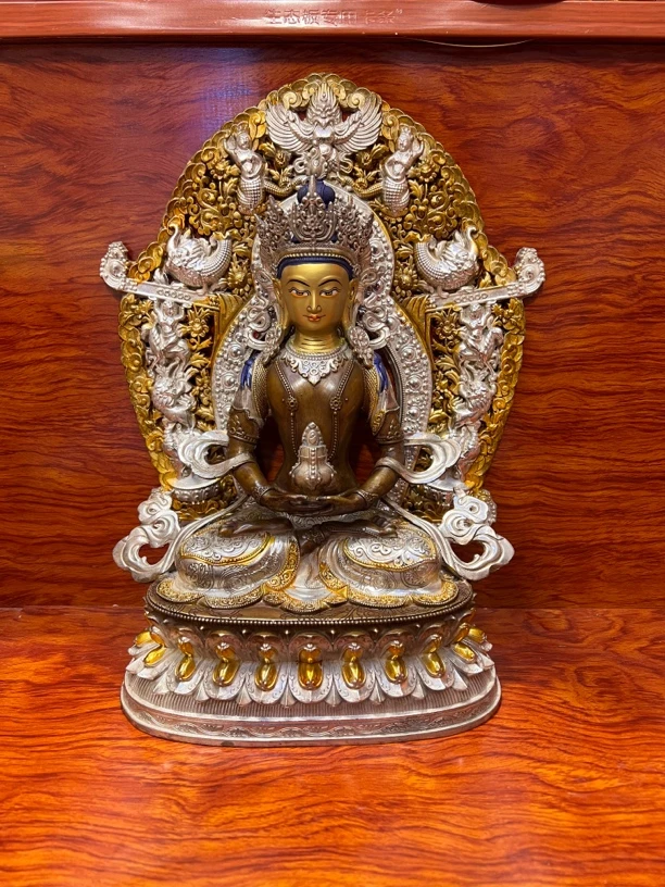 纯铜长寿佛纯铜镀银精工10寸33厘米家用摆件